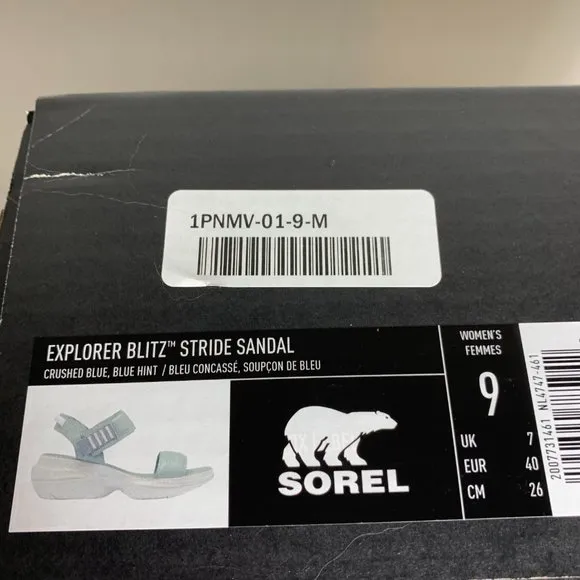 Sorel Explorer Blitz Stride Sandals Leather Wedge Crushed Blue Size 9 NEW