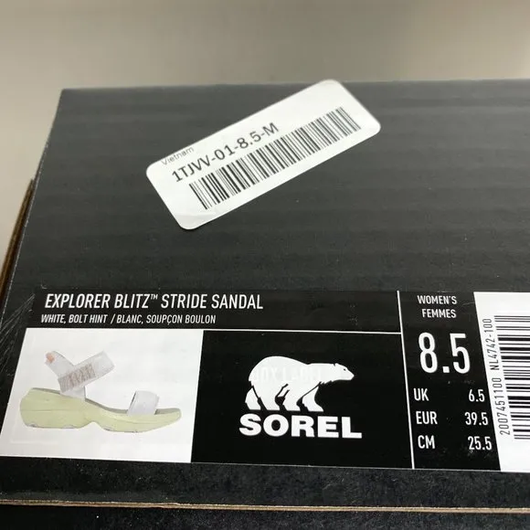 Sorel Explorer Blitz Stride Sandals Leather Wedge White Bolt Hint Size 8.5 NEW