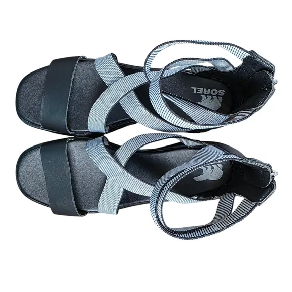 Sorel Joanie III Strappy Platform Black/White Sandals Womens Size 10