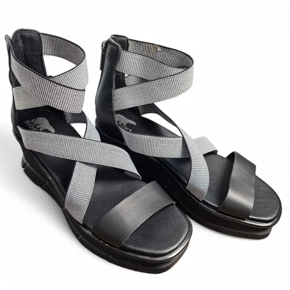 Sorel Joanie III Strappy Platform Black/White Sandals Womens Size 10