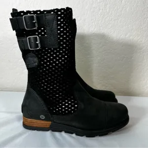 Sorel Major Pull-On Perforated Black Leather Moto Riding Boots Size 6.5