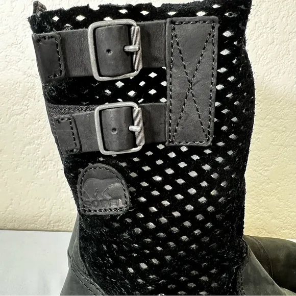Sorel Major Pull-On Perforated Black Leather Moto Riding Boots Size 6.5