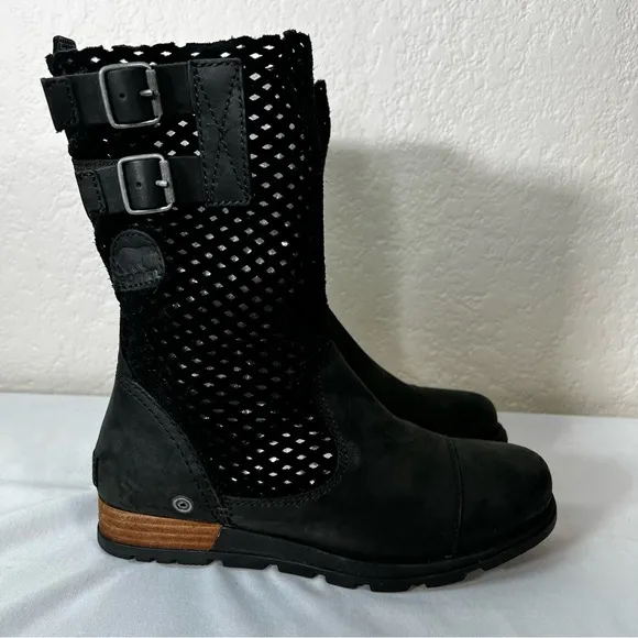 Sorel Major Pull-On Perforated Black Leather Moto Riding Boots Size 6.5