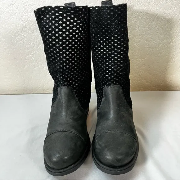 Sorel Major Pull-On Perforated Black Leather Moto Riding Boots Size 6.5