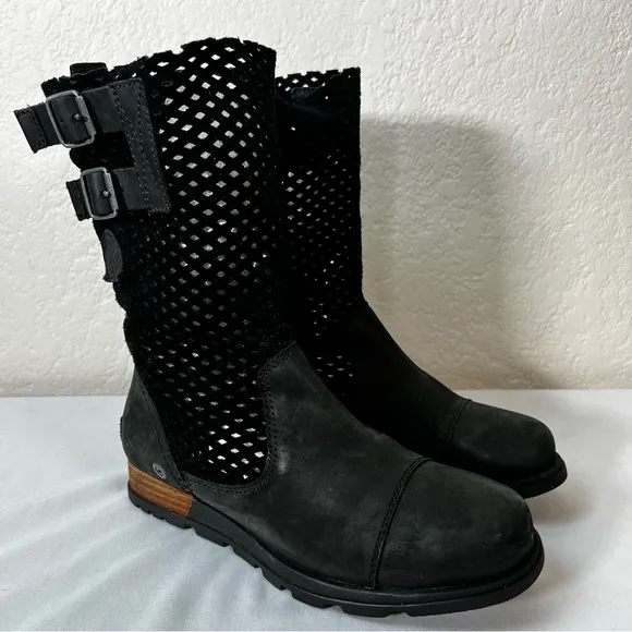Sorel Major Pull-On Perforated Black Leather Moto Riding Boots Size 6.5