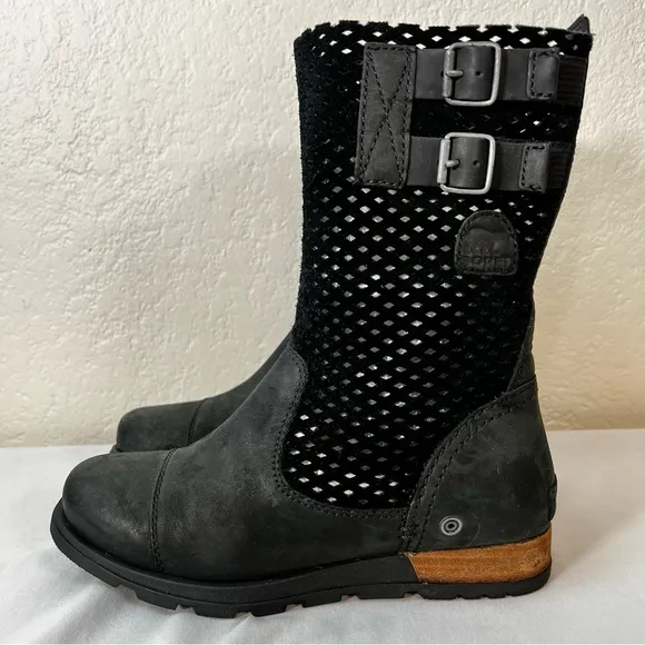 Sorel Major Pull-On Perforated Black Leather Moto Riding Boots Size 6.5