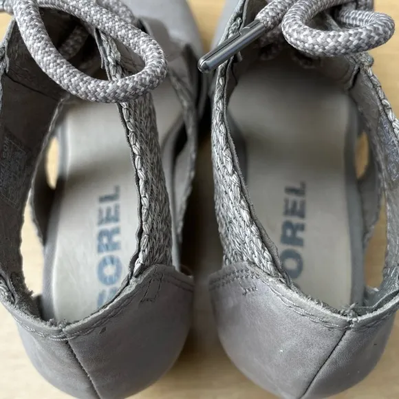 Sorel Wm’s Joanie Lace Up Leather &amp; Canvas Wedge Sandals In Gray Sz 8