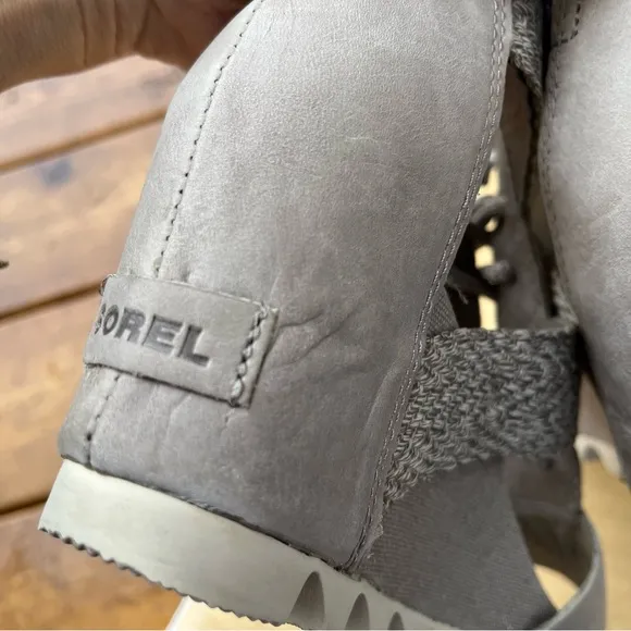 Sorel Wm’s Joanie Lace Up Leather &amp; Canvas Wedge Sandals In Gray Sz 8