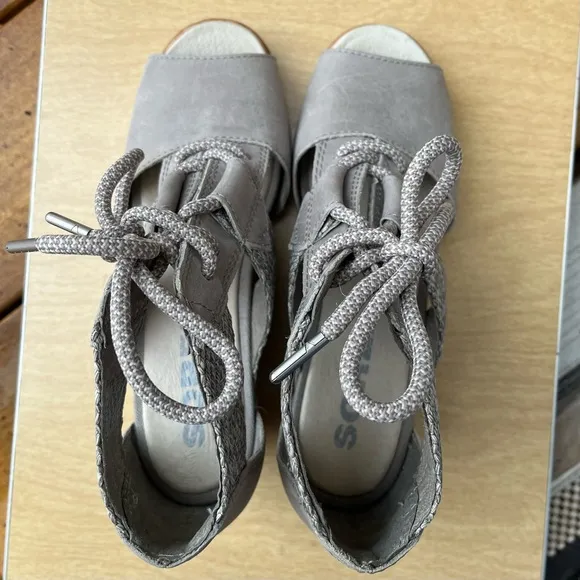 Sorel Wm’s Joanie Lace Up Leather &amp; Canvas Wedge Sandals In Gray Sz 8