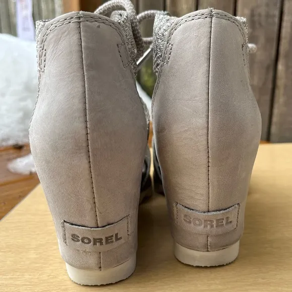 Sorel Wm’s Joanie Lace Up Leather &amp; Canvas Wedge Sandals In Gray Sz 8