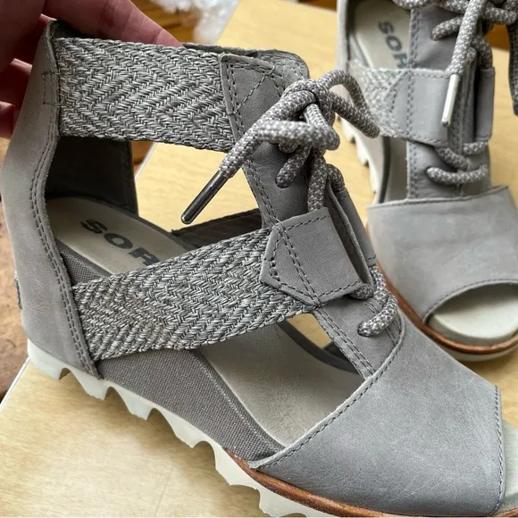 Sorel Wm’s Joanie Lace Up Leather &amp; Canvas Wedge Sandals In Gray Sz 8