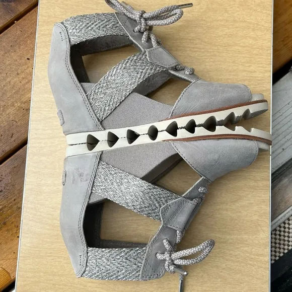 Sorel Wm’s Joanie Lace Up Leather &amp; Canvas Wedge Sandals In Gray Sz 8
