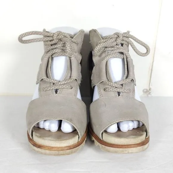 Sorel Women's Joanie Lace Kettle US 7,5 Gray Leather Wedge Strappy Sandals