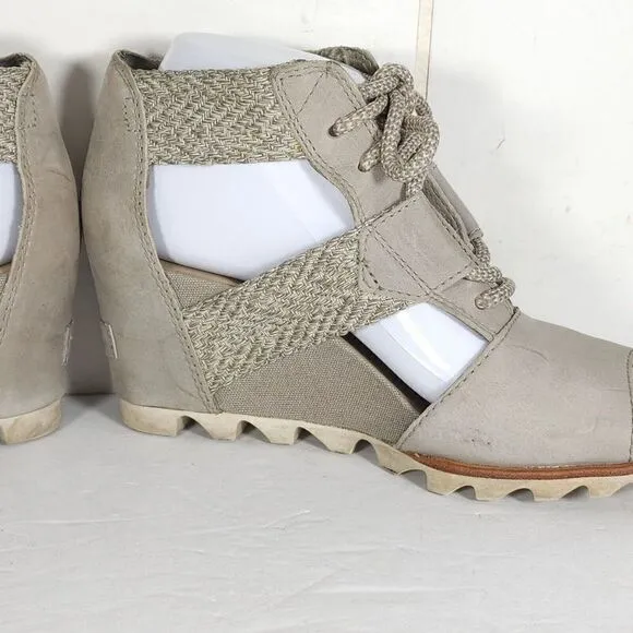 Sorel Women's Joanie Lace Kettle US 7,5 Gray Leather Wedge Strappy Sandals