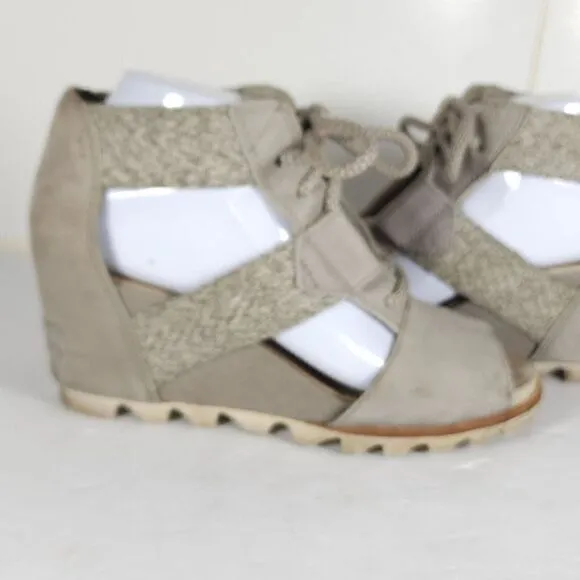 Sorel Women's Joanie Lace Kettle US 7,5 Gray Leather Wedge Strappy Sandals