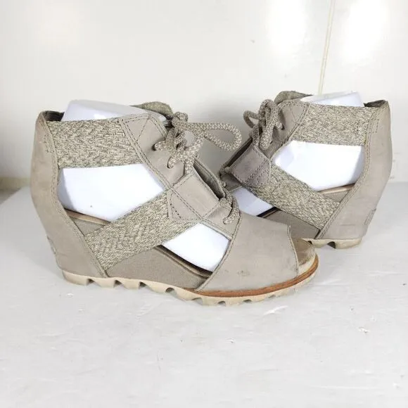 Sorel Women's Joanie Lace Kettle US 7,5 Gray Leather Wedge Strappy Sandals
