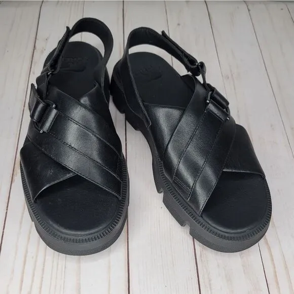 Sorel Black Leather REIN CB Platform Crisscross Sandals