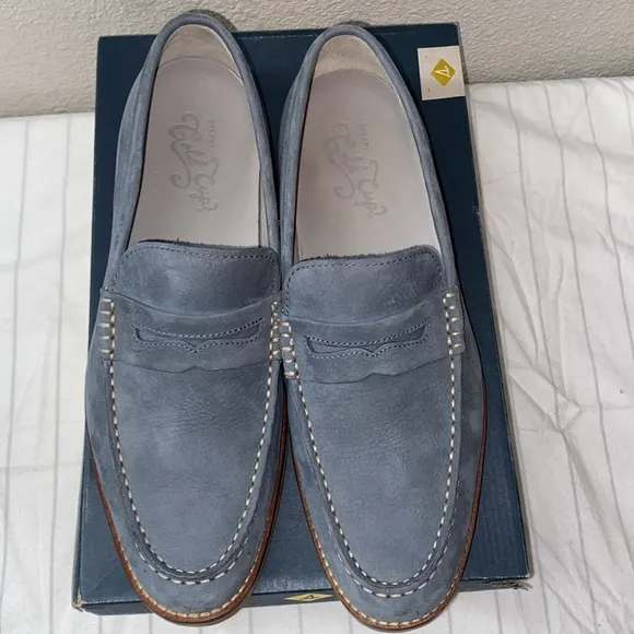 SPERRY Gold Cup Exeter Suede Tassel Penny Loafers, Mens size 10,Blue Mirage