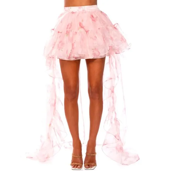 Stasia Lost In A Dream Pink Rose Floral Tulle High Low Skirt XL