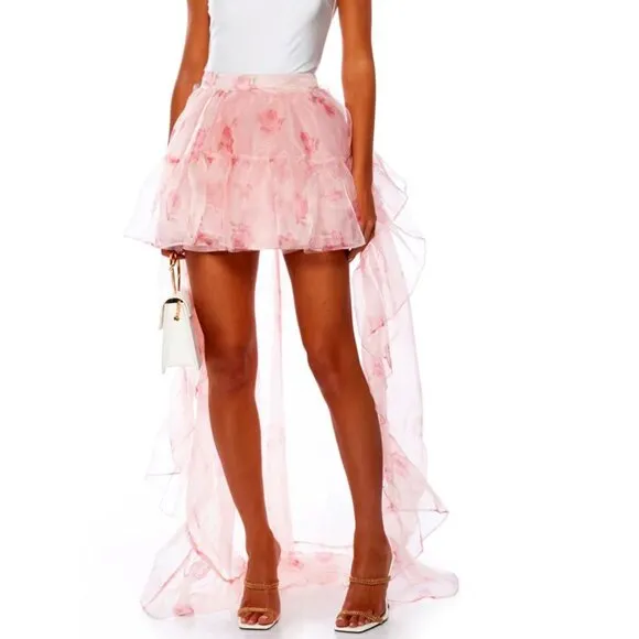 Stasia Lost In A Dream Pink Rose Floral Tulle High Low Skirt XL