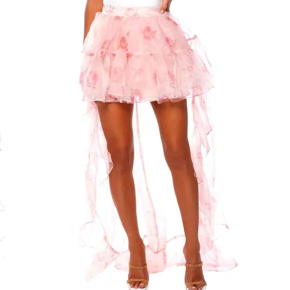 Stasia Lost In A Dream Pink Rose Floral Tulle High Low Skirt XL