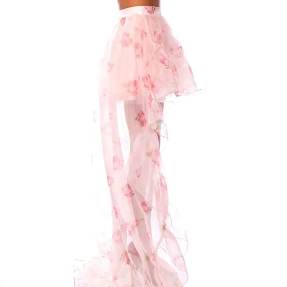 Stasia Lost In A Dream Pink Rose Floral Tulle High Low Skirt XL