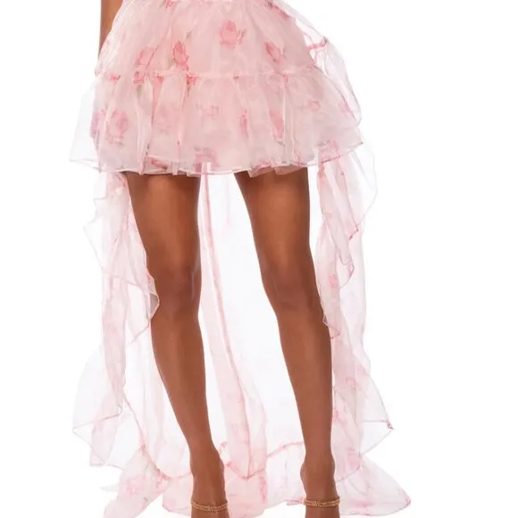 Stasia Lost In A Dream Pink Rose Floral Tulle High Low Skirt XL