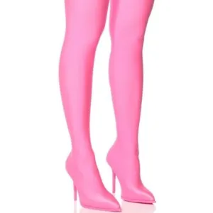 Stasia Pull-ON the Scene: Pink Shiny Stretch Thigh High Sock Boot 7.5