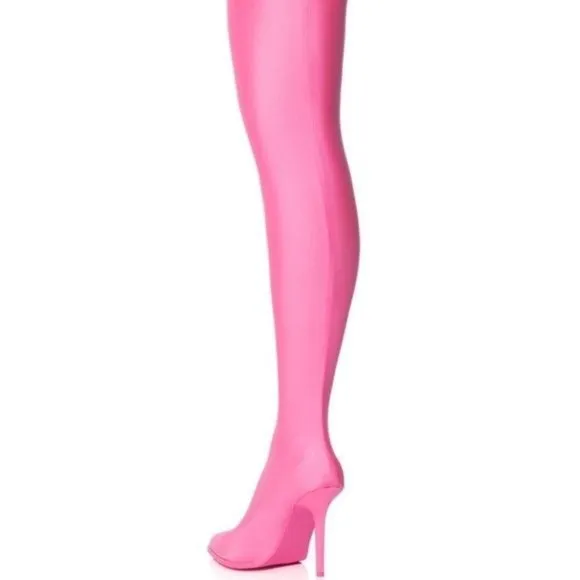 Stasia Pull-ON the Scene: Pink Shiny Stretch Thigh High Sock Boot 7.5