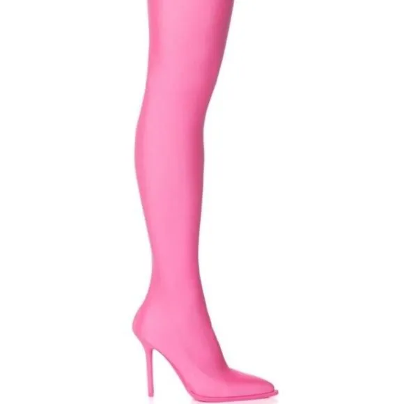 Stasia Pull-ON the Scene: Pink Shiny Stretch Thigh High Sock Boot 7.5