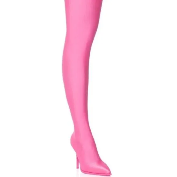Stasia Pull-ON the Scene: Pink Shiny Stretch Thigh High Sock Boot 7.5