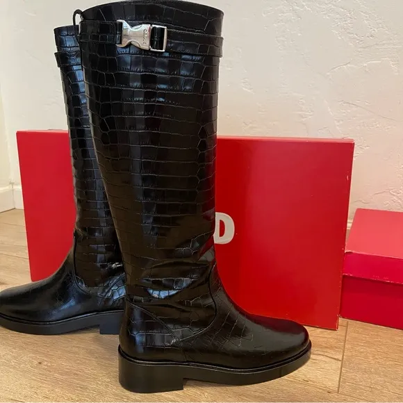 STAUD Claud Buckle Riding Boots in black croc embossed leather- size 40 runs 9.5