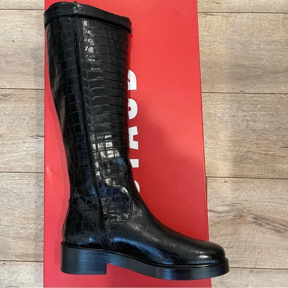 STAUD Claud Buckle Riding Boots in black croc embossed leather- size 40 runs 9.5