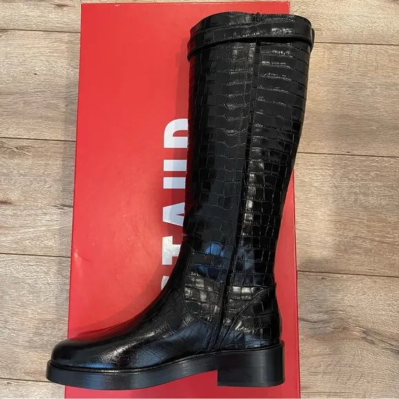 STAUD Claud Buckle Riding Boots in black croc embossed leather- size 40 runs 9.5