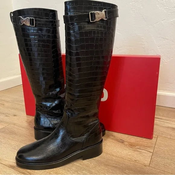 STAUD Claud Buckle Riding Boots in black croc embossed leather- size 40 runs 9.5