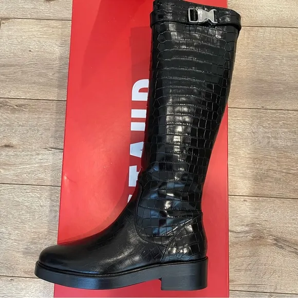 STAUD Claud Buckle Riding Boots in black croc embossed leather- size 40 runs 9.5