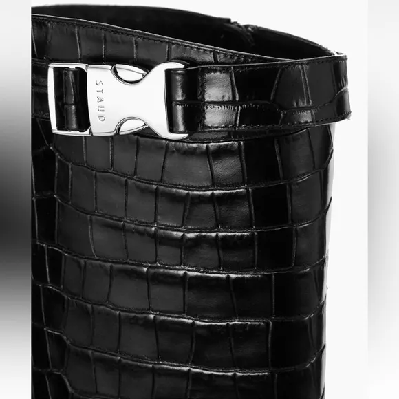STAUD Claud Buckle Riding Boots in black croc embossed leather- size 40 runs 9.5