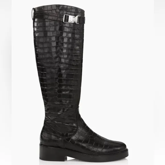 STAUD Claud Buckle Riding Boots in black croc embossed leather- size 40 runs 9.5