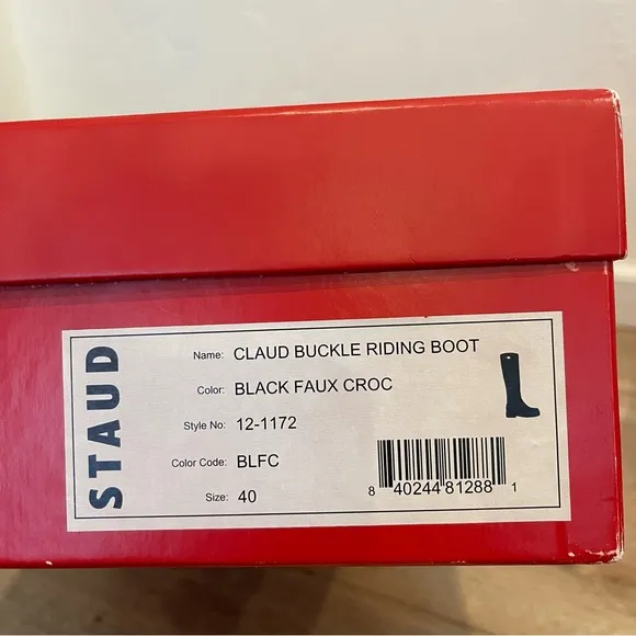 STAUD Claud Buckle Riding Boots in black croc embossed leather- size 40 runs 9.5