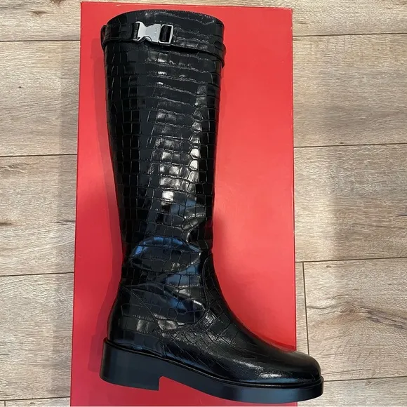 STAUD Claud Buckle Riding Boots in black croc embossed leather- size 40 runs 9.5