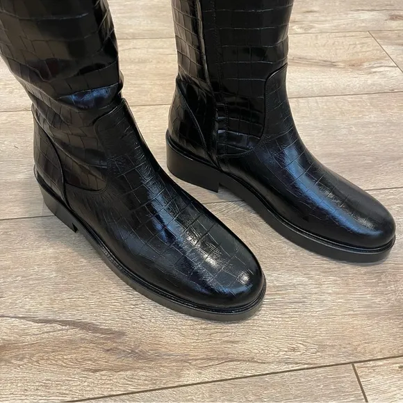 STAUD Claud Buckle Riding Boots in black croc embossed leather- size 40 runs 9.5