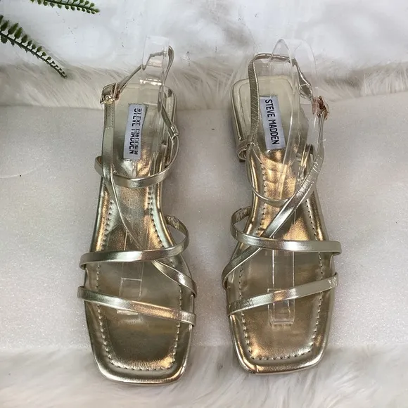 STEVE MADDEN AYLCE GOLD STRAPPY CRISSCROSS SQ TOE SANDALS NWOT SZ 10