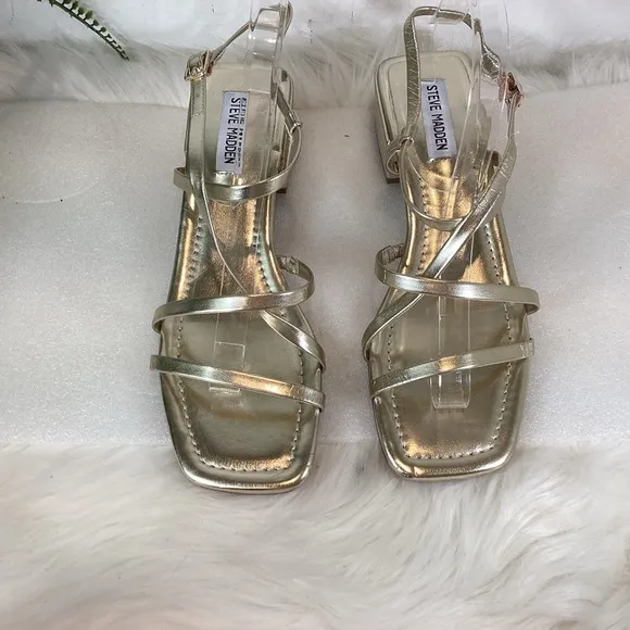 STEVE MADDEN AYLCE GOLD STRAPPY CRISSCROSS SQ TOE SANDALS NWOT SZ 10