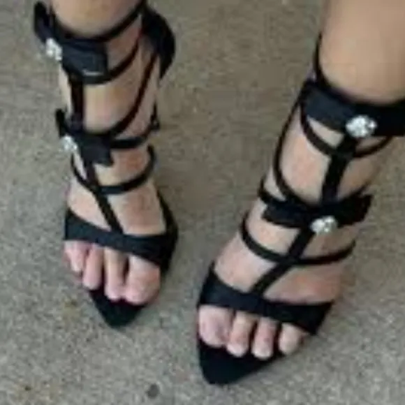Steve Madden Black Sinclair Satin Rhinestone Embellished Strappy Dress Sandals