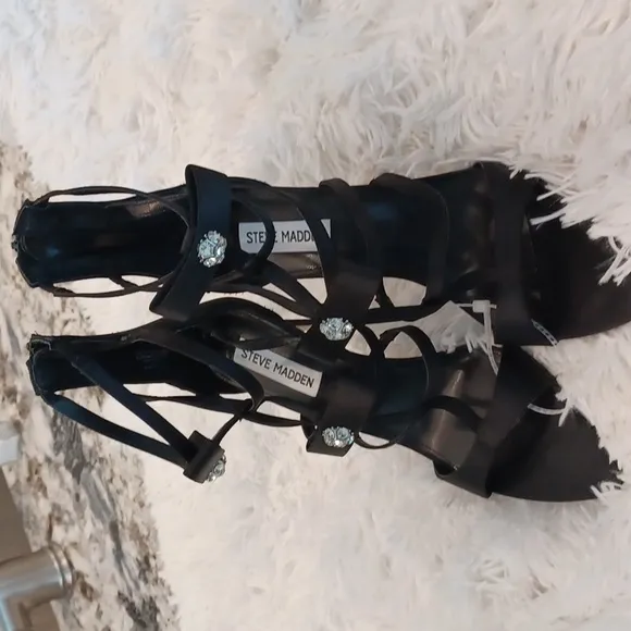 Steve Madden Black Sinclair Satin Rhinestone Embellished Strappy Dress Sandals