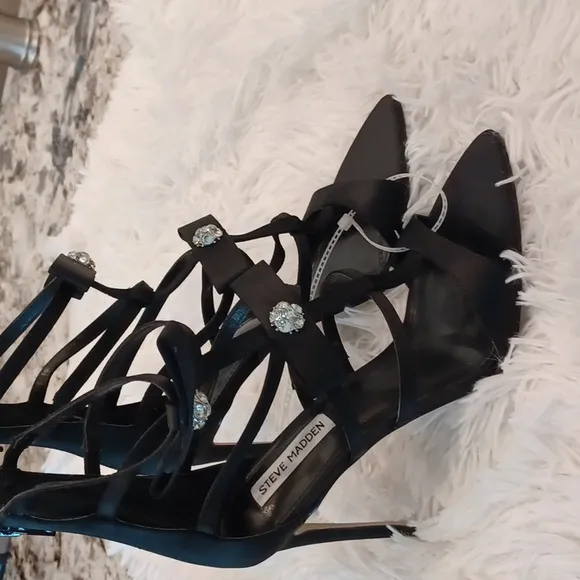 Steve Madden Black Sinclair Satin Rhinestone Embellished Strappy Dress Sandals
