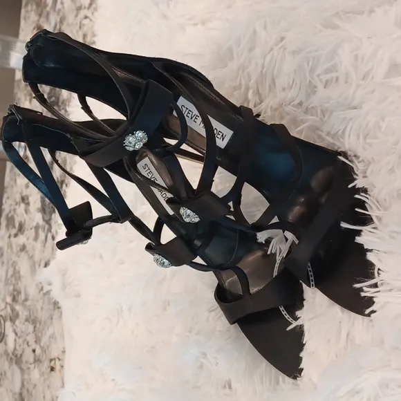Steve Madden Black Sinclair Satin Rhinestone Embellished Strappy Dress Sandals