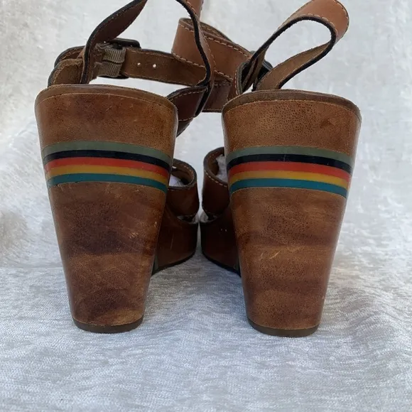 Steve Madden Brown Braided Leather Wood Rainbow Wedges