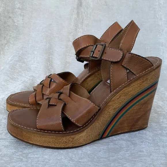 Steve Madden Brown Braided Leather Wood Rainbow Wedges