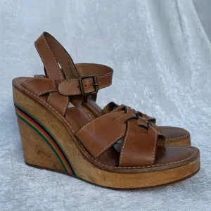 Steve Madden Brown Braided Leather Wood Rainbow Wedges